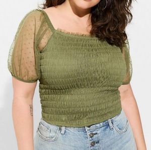 Torrid plus mesh square neck smocked crop top, 4XL, green